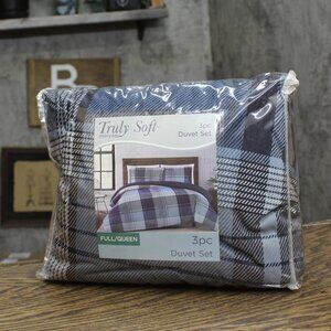 NEW Truly Soft Trey Plaid Polyester 3-Piece Duvet Set Multicolor Blue Full/Queen